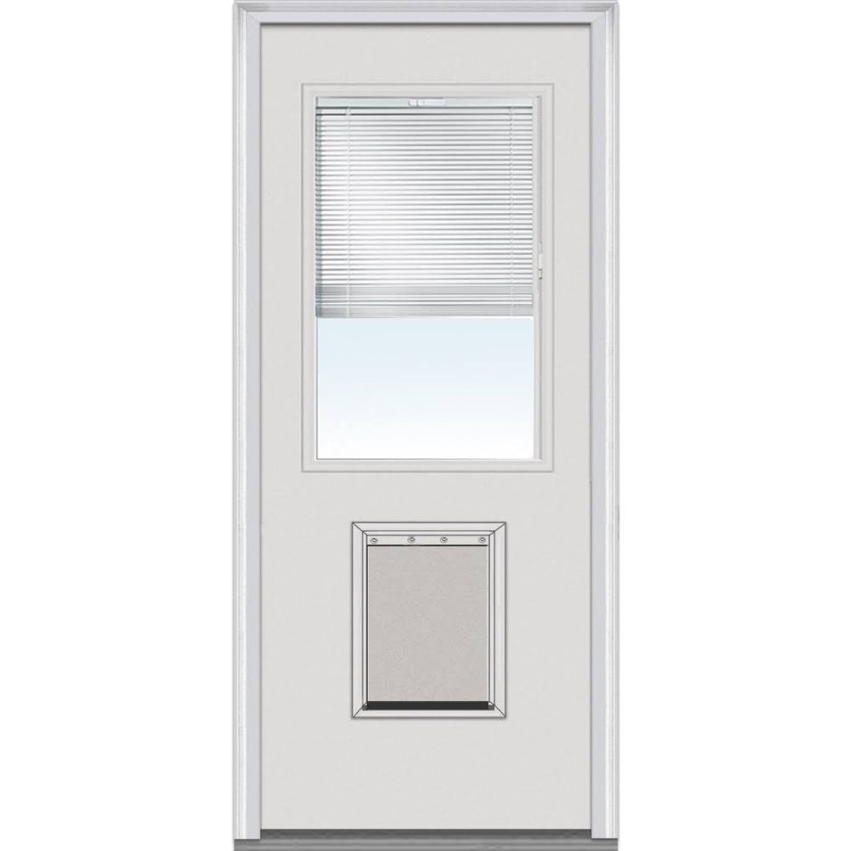 National Door Company Steel Exterior Door, Primed, 1/2 Lite with Clear Glass Internal Blinds & Pet Door, Right Hand Inswing, 32x80