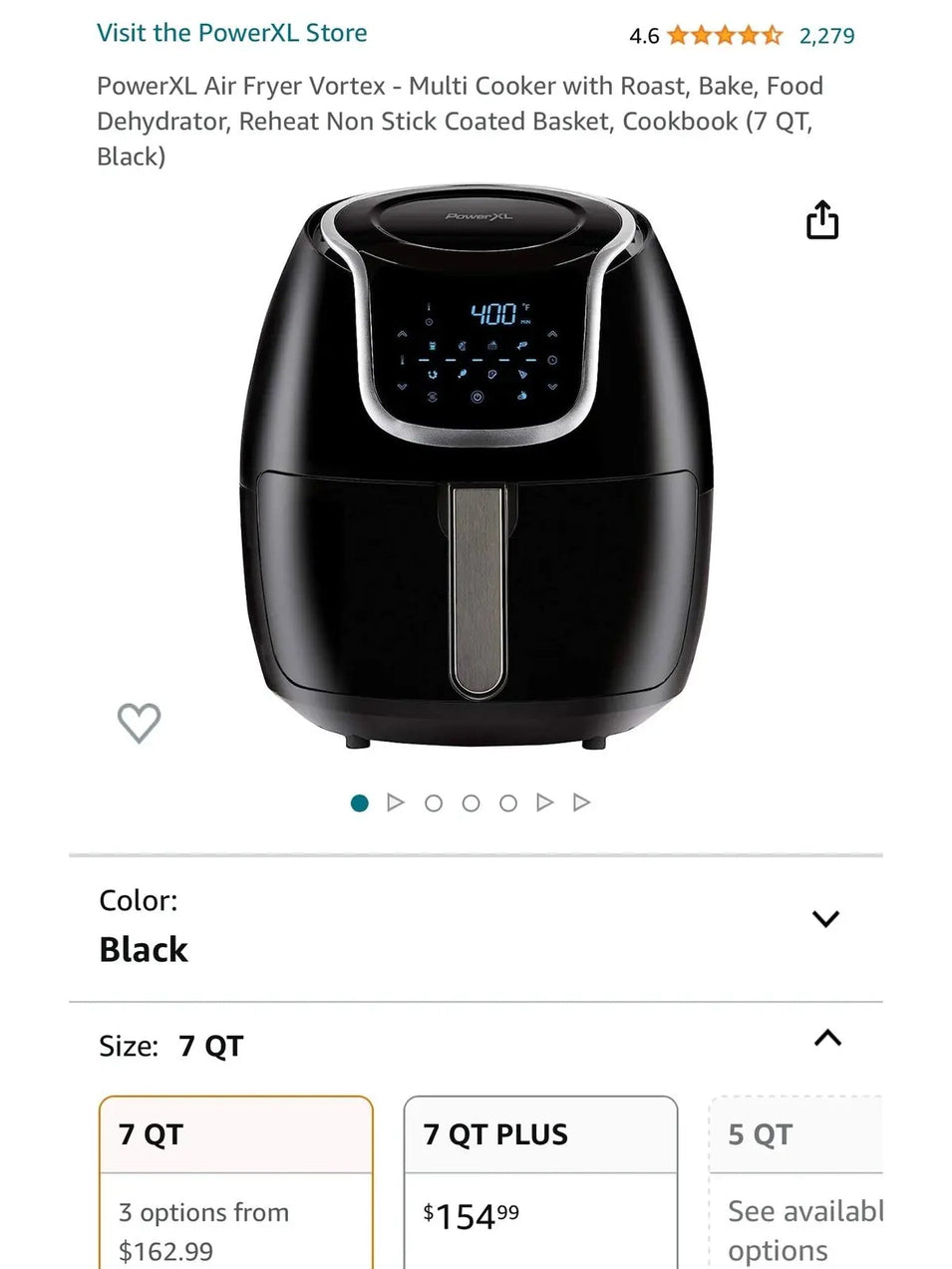 PowerXL Air Fryer Vortex Multi-Cooker, Roast/Bake/Dehydrate/Reheat, Non-Stick Basket, Includes Cookbook