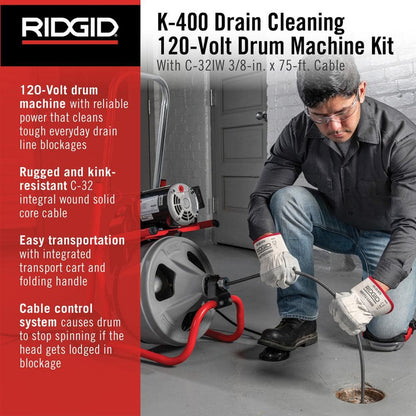 K-400 Drain Cleaning Snake Auger 120-Volt Drum Machine with C-32IW 3/8 in. x 75 ft. Cable + 4-Piece Tool Set & Gloves 52363