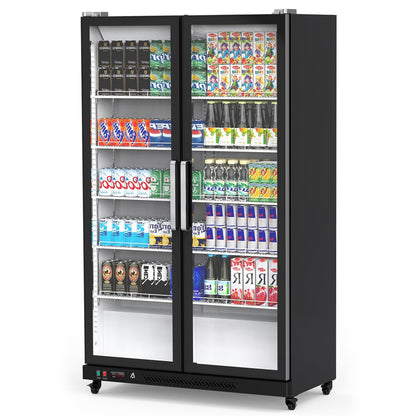 Commercial Refrigerator, Glass Door with LED Lighting – Upright Beverage Display Cooler for Home, Store, Gym, or Office, Featuring Double Swing Doors and 39 cu.ft