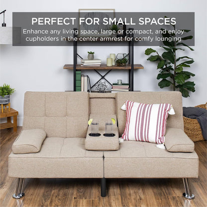 Best Choice Products Linen Upholstered Modern Convertible Folding Futon Sofa Bed for Compact Living Space, Apartment, Dorm, Bonus Room w/Removable Armrests, Metal Legs, 2 Cupholders - Gray