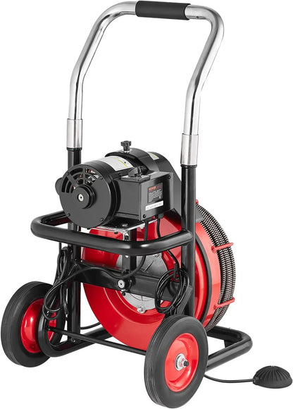 Drain Cleaner Machine 100FT x 1/2 Inch, Auto Feed Sewer Snake Auger on Wheels, 550W Portable Drain Cleaning Machine with 8 Cutters & Air-activated Foot Switch for 2" to 4" Pipes