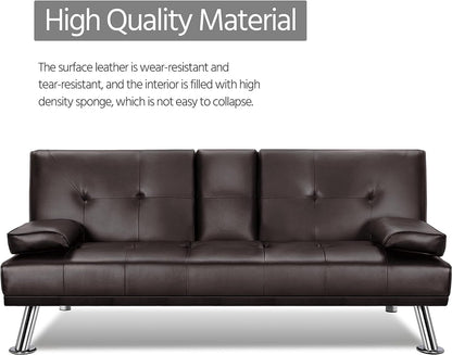 Yaheetech Convertible Sofa Bed Adjustable Couch Sleeper Modern Faux Leather Home Recliner Reversible Loveseat Folding Daybed Guest Bed, Removable Armrests, Cup Holders, 3 Angles, 772lb Capacity, Black