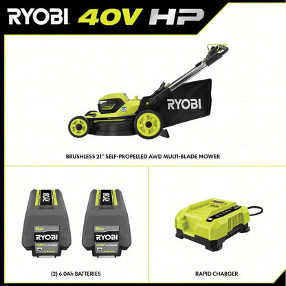 Ryobi 40V HP Brushless 21-in Self-Propelled AWD Lawn Mower Whisper Series ncludes (2) 6.0Ah Batteries and Charger